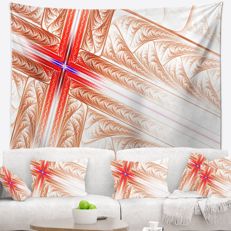Tapisserie abstraite à motif de croix fractale rouge, H 68 po x l 80 po