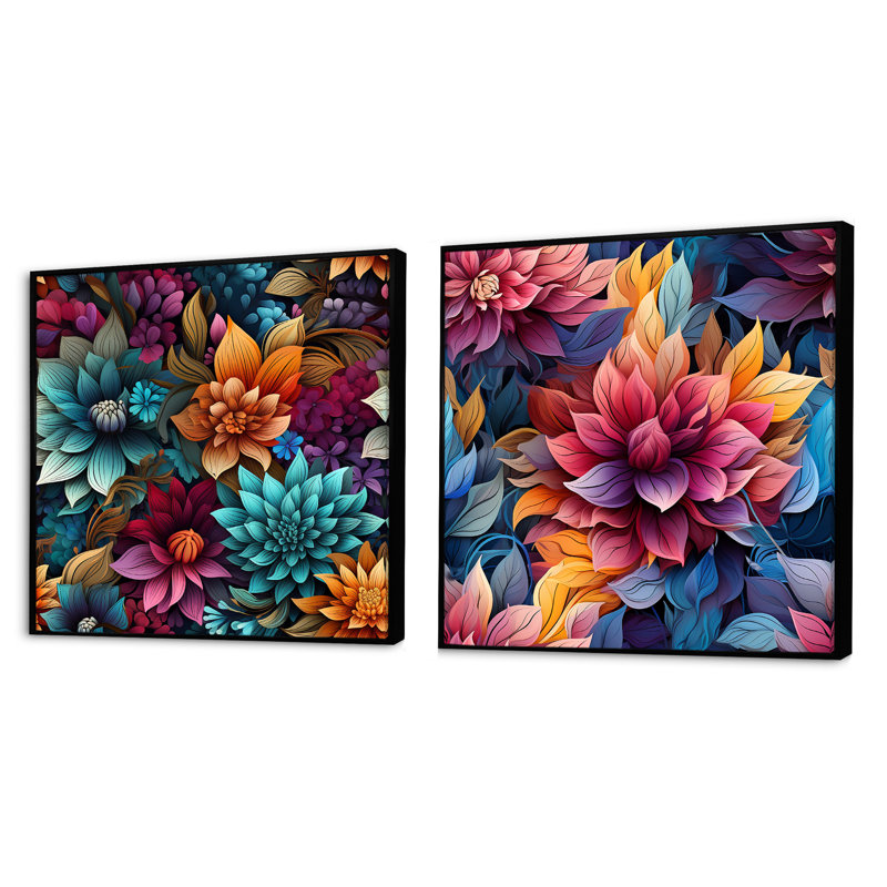 Bruyere - Ensemble de 2 collages carrés botaniques abstraits, Cadre flottant noir, H 16 po x l 33 po