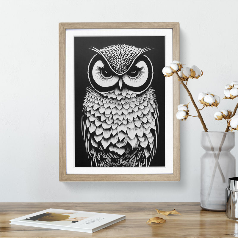 Owl Monochrome No.5 - Framed Print, 64cm H x 46cm W x 2cm D, Oak