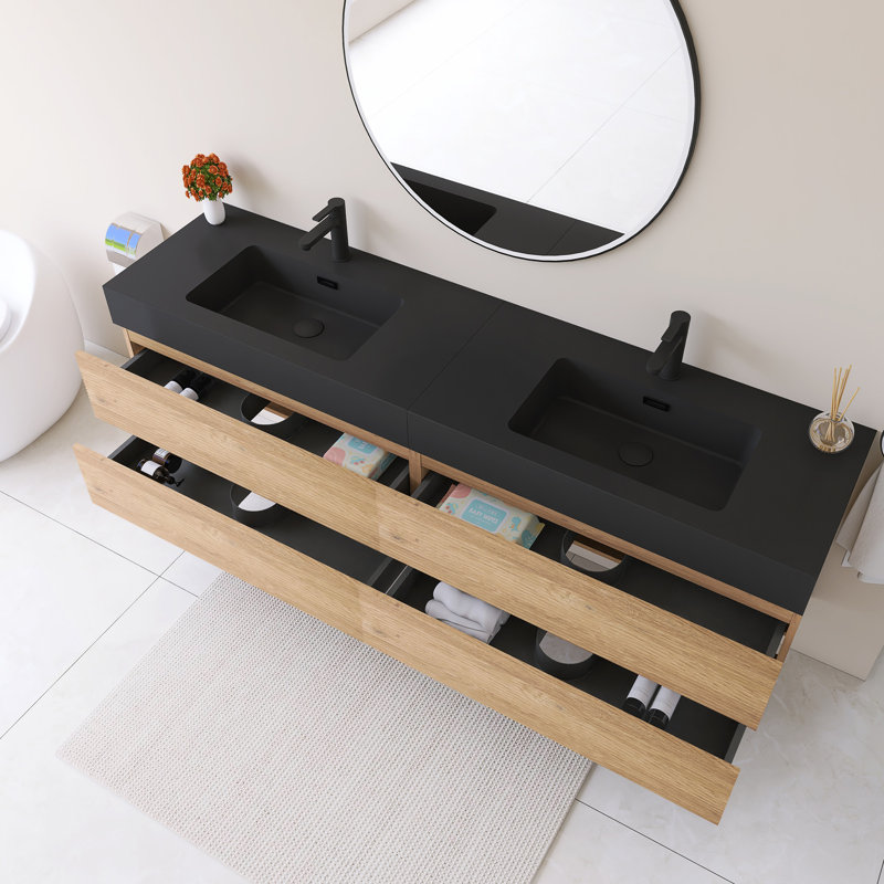Meuble-lavabo mural 72 po avec lavabo à surface solide noir, 72"