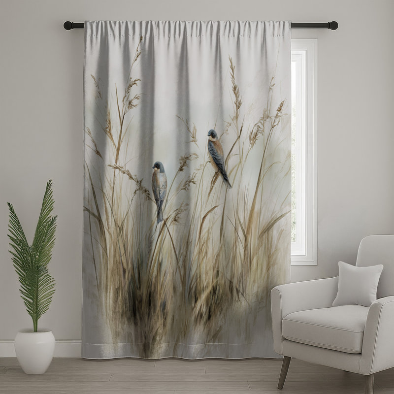 Two Birds On Grass Window Curtains, Birds Sheer & Blockout Curtains - 1 Panel, Blockout, 50" x 80" - 1 Panel