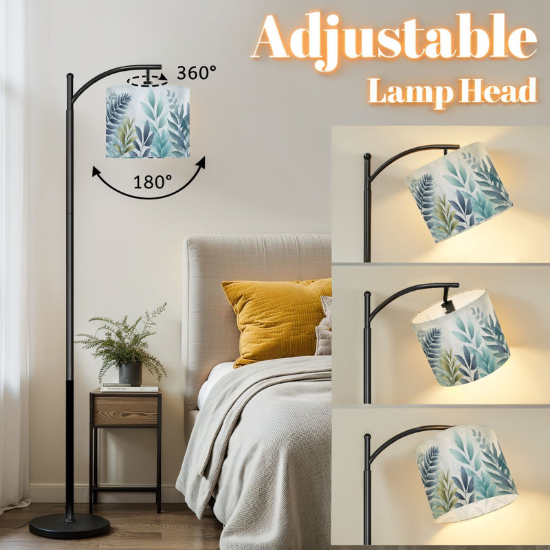 Lampe sur pied à arc avec abat-jour réglable arbre tropical vert cocotier vert feuille côtière abstraite grande lampe sur pied tropicale 3 températures de couleur à haut gradateur avec interrupteur au pied pour la chambre à coucher