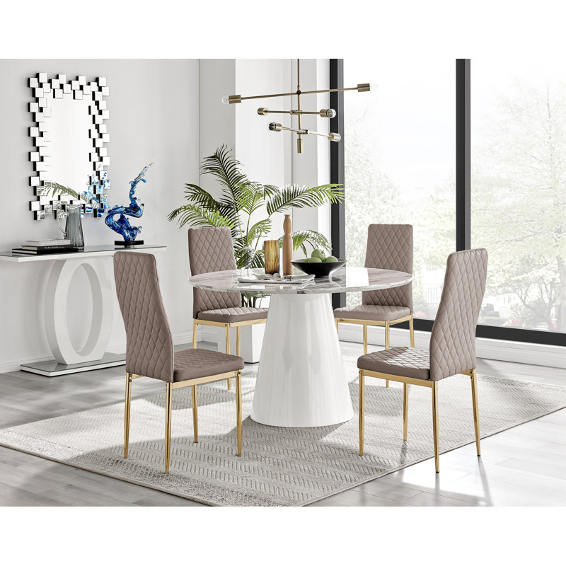Edward Statement Pedestal Dining Table Set with 4 Luxury Faux Leather Upholstered Dining Chairs, Cappuccino/Gold