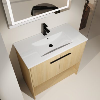 36" Freestanding Bathroom Vanity, Ceramic Sink, Plywood Structure, 2 Doors, Basin Material Vanity With Basin, Plywood,