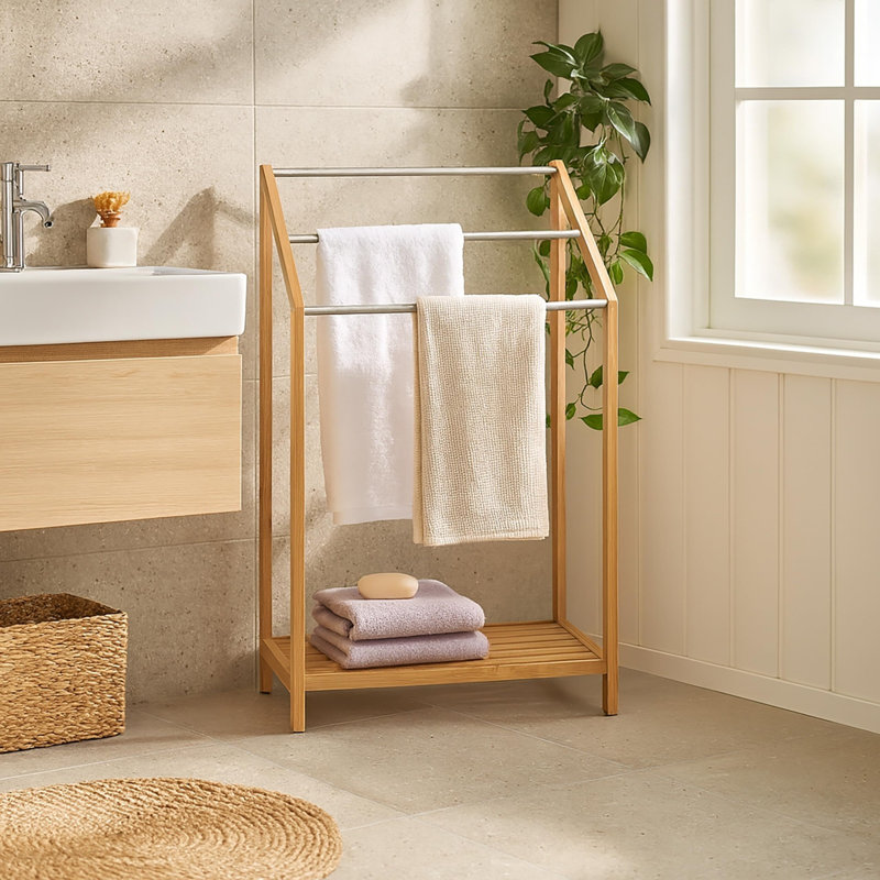 Bamboo 3 Rail Freestanding Blanket Rack Brown