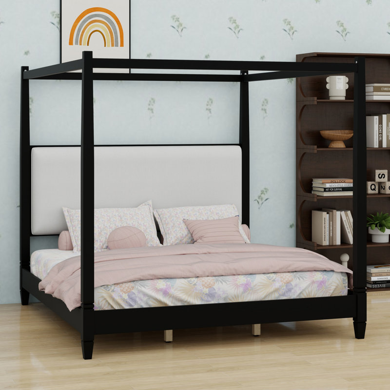 Lit plateforme à baldaquin élégant avec tête de lit tapissier et pieds de support en lattes de bois, Noir