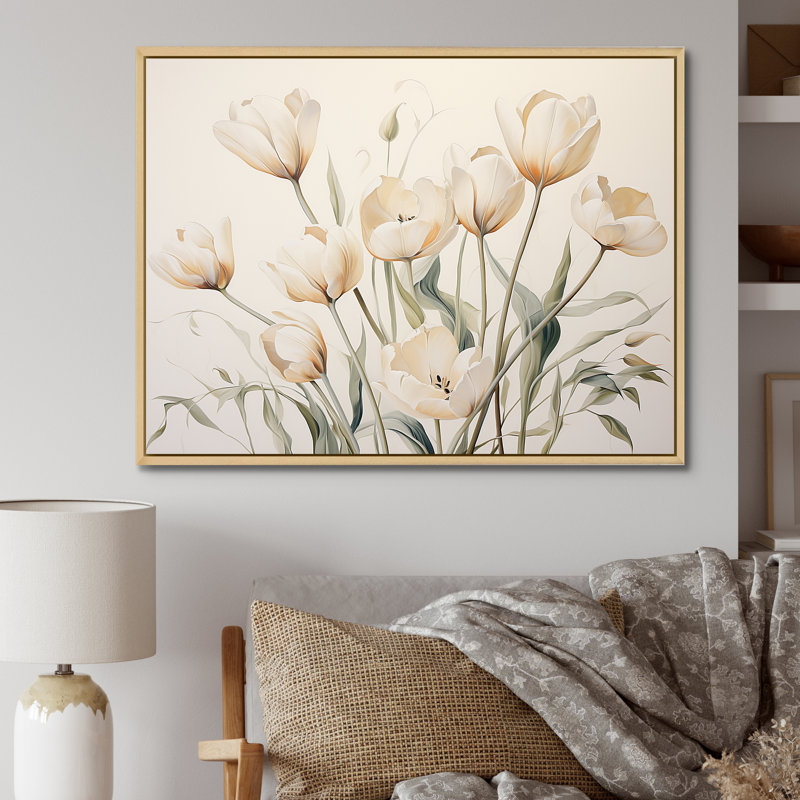 Symphonie de tulipes embellies beiges sur toile, Cadre naturel flottant, H 34 po x l 44 po
