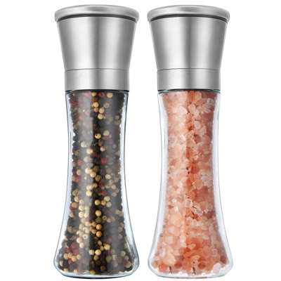 Ensemble élégant de 2 moulins à poivre et à sel élégants, pales en céramique, grosseur réglable et grand corps en verre rechargeable avec capacité de 6 oz (7,5 po), argent