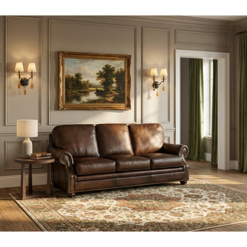 Canapé en cuir véritable de 83 po, Brun foncé