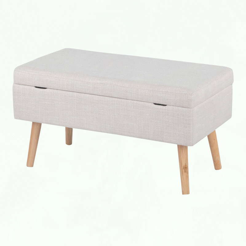 Banc de rangement contemporain avec pieds en bois naturel et tissu beige