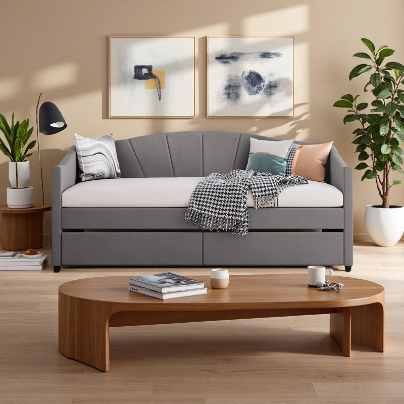 Upholstered Daybed Twin Size With Two Drawers, Gray