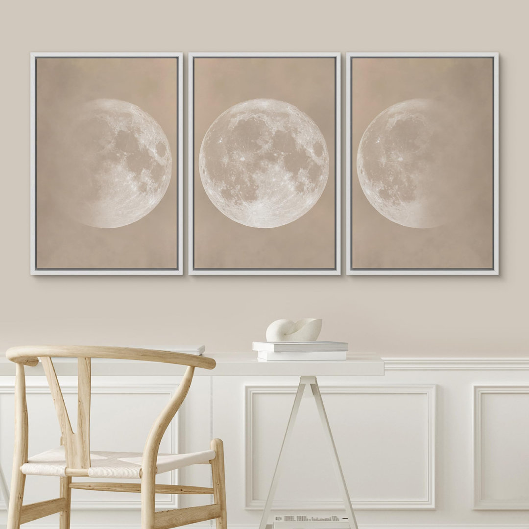 " Beige And Gray Toned Full Moon - Minimalist Lunar Modern Artwork - Neutral Master Bedroom Wall Decorations" 3 Pieces on Canvas Print Framed Wall Art wall26 Frame 