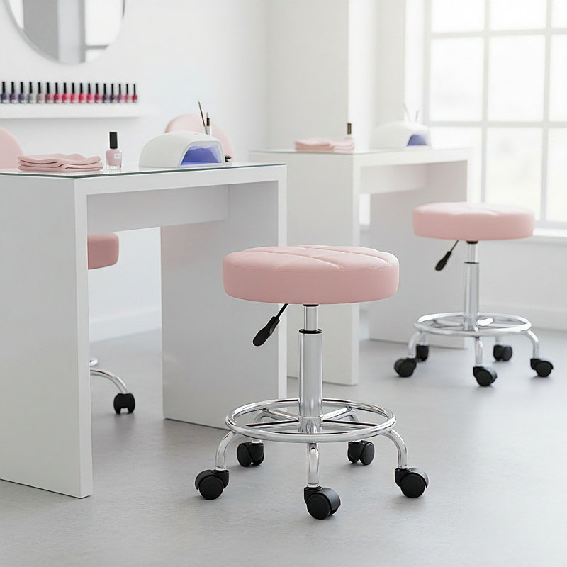 13 Inch PU Leather Bar Stool, 360 Swivel Adjustable Height Stool With Wheels, 250LB Capacity For Home Office, Pink
