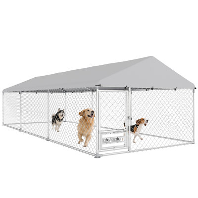 Chenil d'extérieur pour chien avec toit, enclos extérieur robuste pour chenil avec support pour bol réglable et rotatif, housse imperméable résistante aux rayons UV, verrou sécuritaire