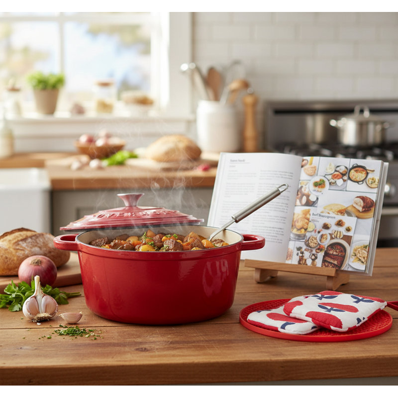 KYEUIN 5.2L Cast Iron Dutch Oven, Red