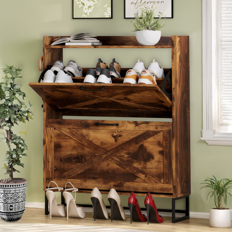 Shoe Storage Cabinet For Entryway With 2 Flip Drawers, Brown