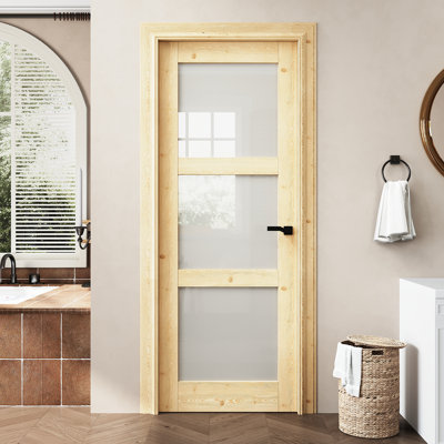 Dalle de porte intérieure en bois de pin et en verre givré 24 po x 80 po à 3 panneaux, comme porte pré-suspendue ou porte de grange ou porte de poche ou porte française ou dalle de porte coulissante pour garde-manger, buanderie, chambre à coucher, peinturable et imperméable, panneau de porte sans Trou de forage ou charnières