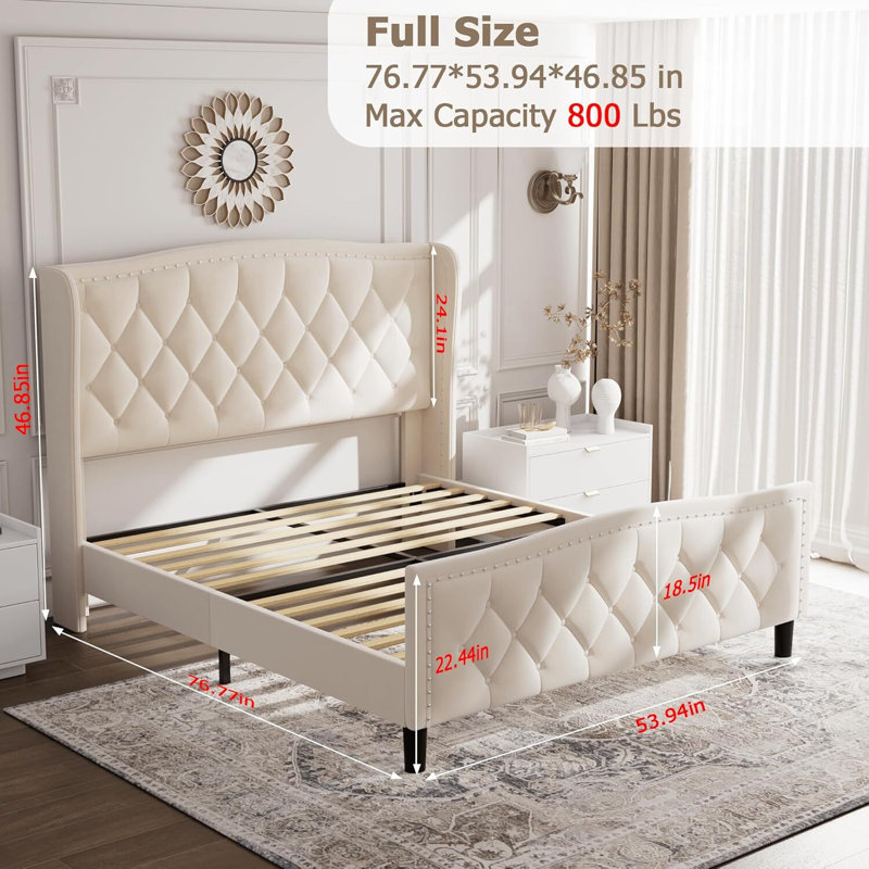 Velvet Upholstered Platform Bed, No Box Spring Needed, Blue, Full