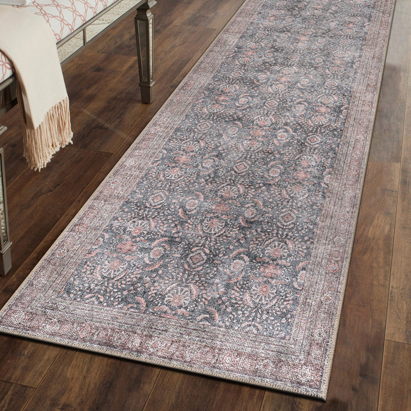 Labarbera Machine Washable Charcoal/Red Non-Slip Backing Area Rug, Runner 2'6" x 6'