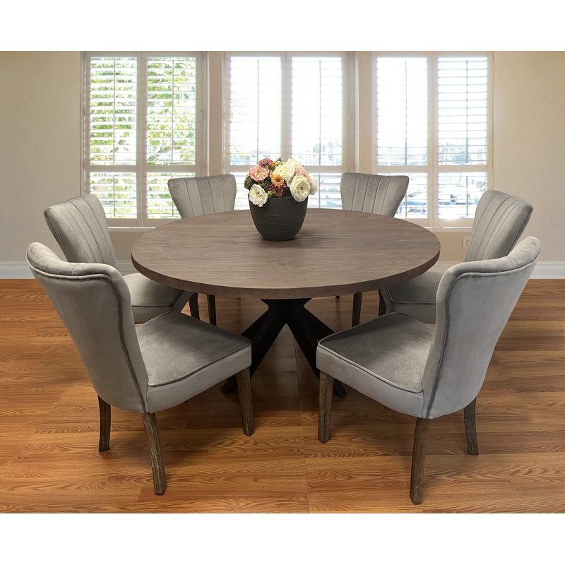Aryhanna 7 - Piece Dining Set with Mango Wood Dining Table and 6 Cleo Velvet Chairs, 30" H x 60" L x 60" W, Mink