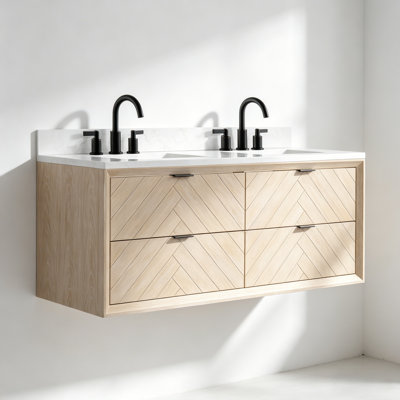 60" Transitional Floating Double Sink Bathroom Vanity with Engineered Stone Top