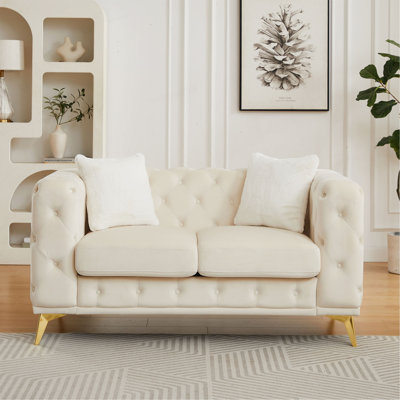 Canapé en velours de luxe moderne de 61,25 pouces avec boutons matelassés Chesterfield, 2 coussins et pieds en métal
