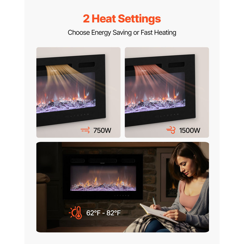 42 Inch Electric Fireplace, Wall Mounted Recessed Fire Place With Remote Control, Timer, 1500W, Adjustable Flame Color Brightness, Touch Screen, Overheat Protection, For Living Room,Bedroom