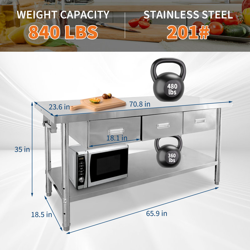 Table de travail 71 po en acier inoxydable avec 3 tiroirs, capacité de 840 lb, tablette réglable, table de préparation pour cuisine commerciale