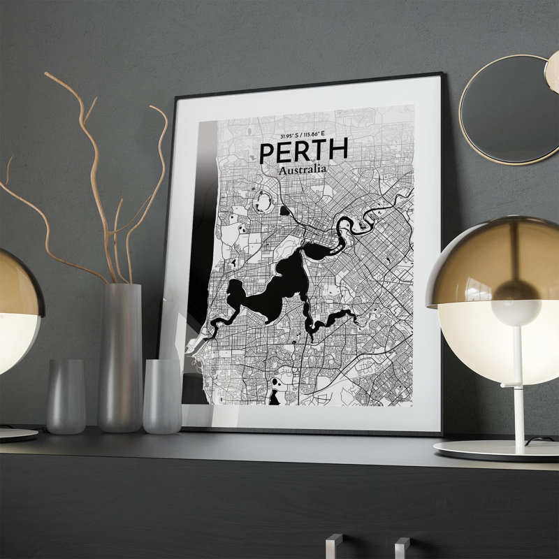 «Perth City Map», impression, Noir / blanc, H 24 po x l 18 po