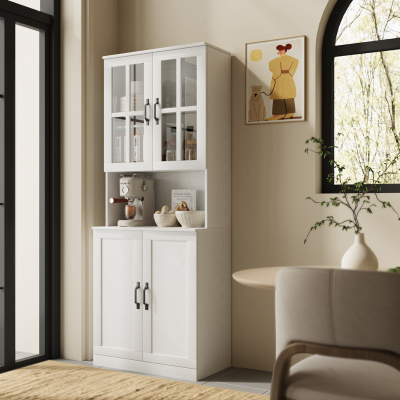 Garde-manger 71 po x l 23,6 po avec bibliothèques et huche de porte en verre, Blanc