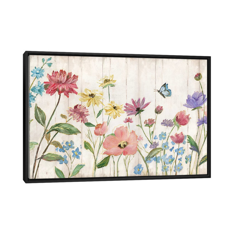 «Wildflower Flutter on Wood» par Nan - impression sur toile tendue, H 40 po x l 60 po x P 1,5 po, Toile avec cadre noir