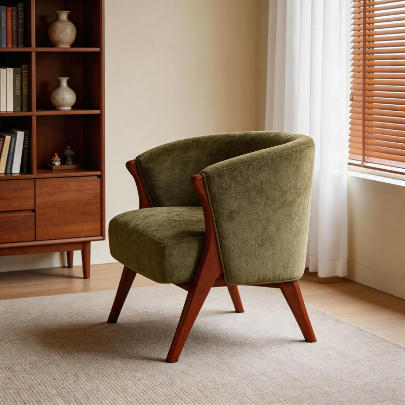 Chaise d'appoint rembourrée vert olive avec structure en bois, style Mid-Century