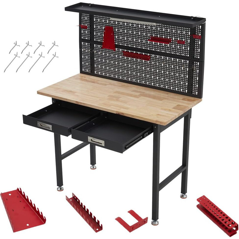 Heavy Duty Garage Workbench w/Pegboard, Wood Workbench with Tool Storage,Power Strip,LED Lighting,Industrial Work Table w/Drawers,Hanging Kits for Garage,Workshop,Basement