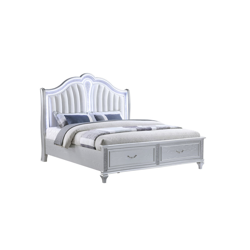 Élégant très grand lit avec tête de lit tapissier à DEL, ornements en cristal et tiroirs de rangement argent contemporain avec capitonnage confortable, encastré
