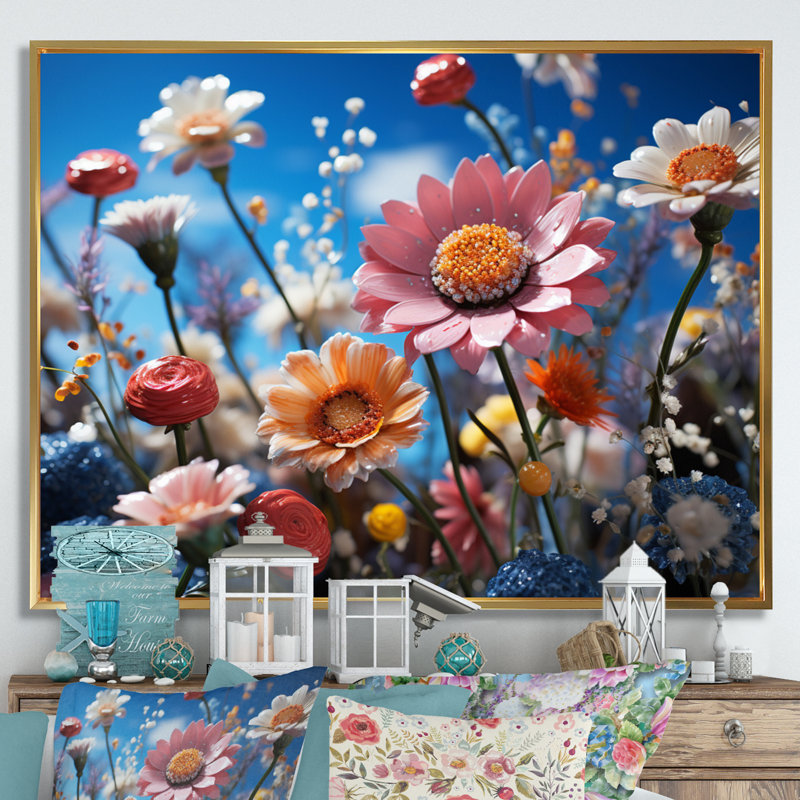 «Atzel Whimsical Wildflowers in Blue Sky», reproduction, H 34 po x l 44 po x P 1,5 po, Cadre flottant doré
