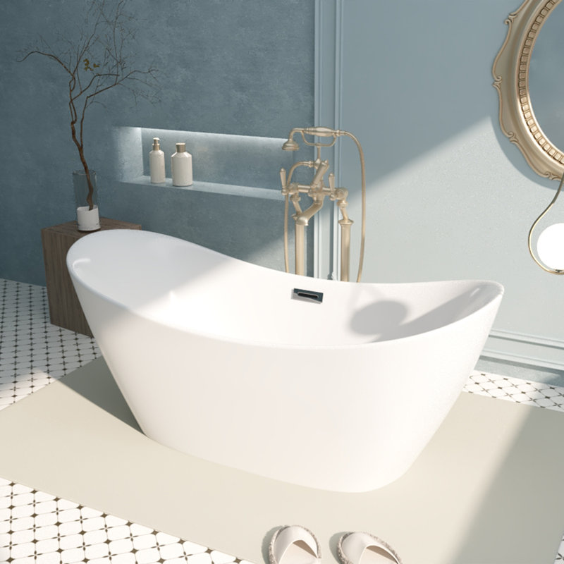 59'' x 29'' Acrylic freestanding tub, Gloss white, with chrome overflow and pop-up Drain, CUPC Certified