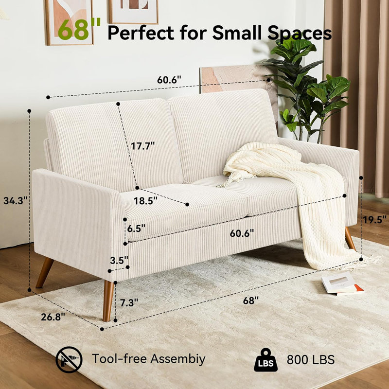 Loveseat Sofa Mid Century Modern Small Couches For Small Spaces, Upholstered Small Couch For Bedroom,Comfy Couch With Spring Cushion,Tool-Free Assembly