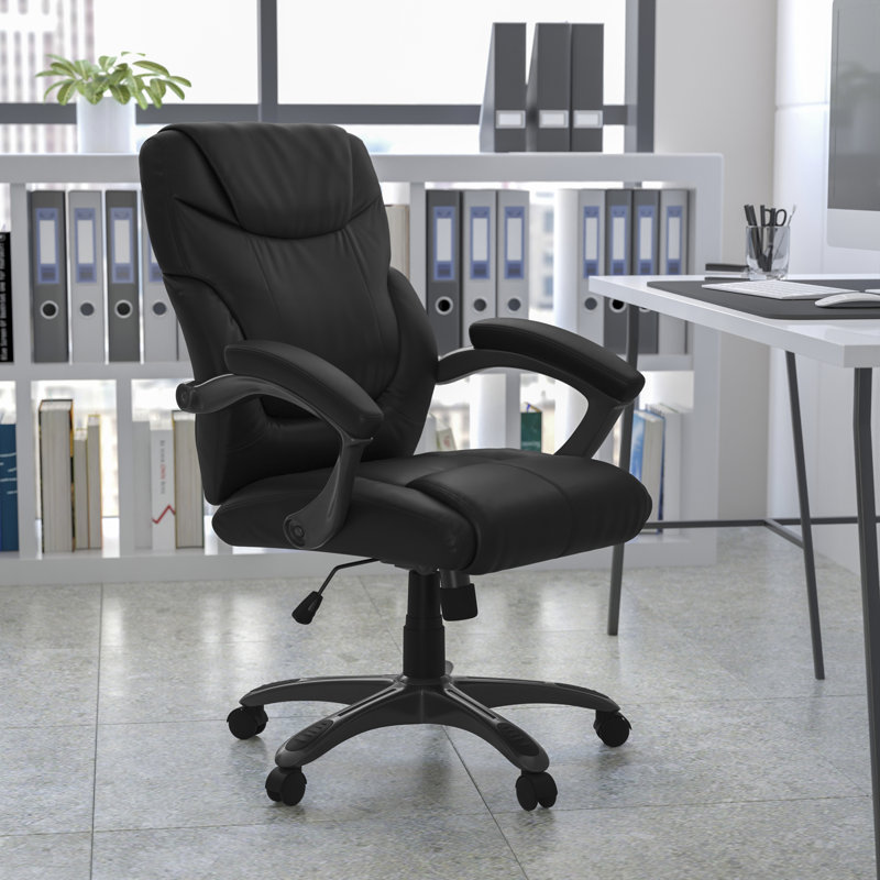Mid-Back Black Leather Executive Swivel Office Chair with Fixed Arms