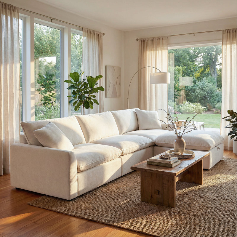 Canapé modulaire rembourré 130,7 po Salha, Velours crème