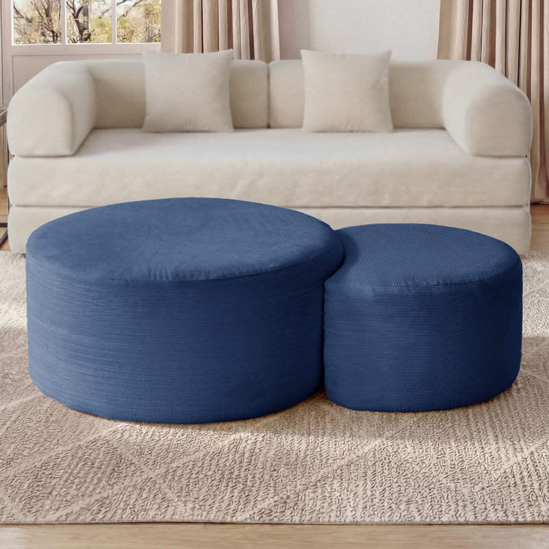 Esther Corduroy Round Ottoman (Set Of 2), Blue