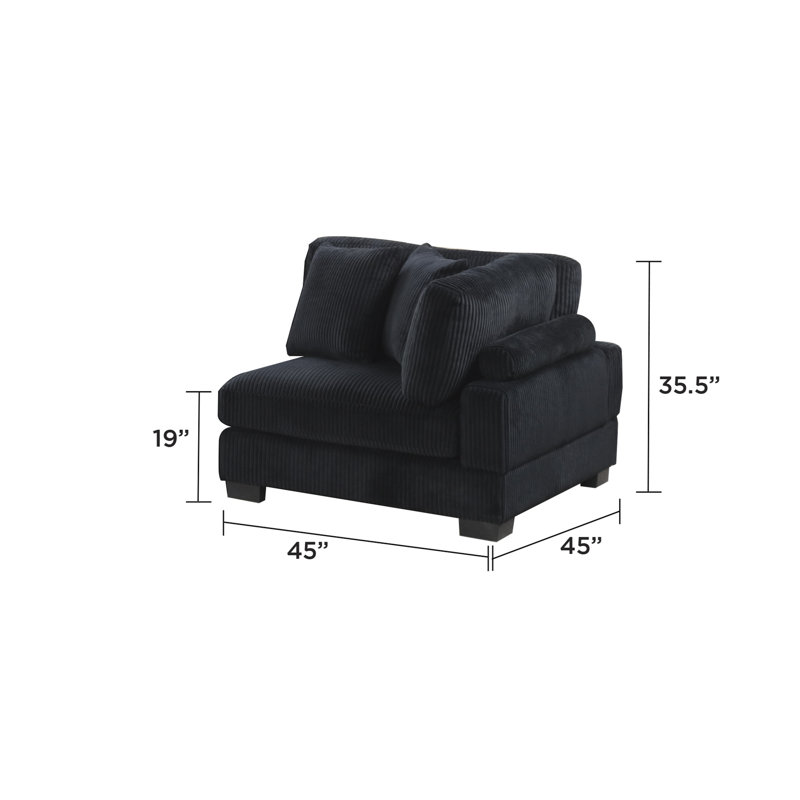 Chaise d'angle rembourrée en velours côtelé noir avec pieds en bois et assise mi-ferme dans le dossier principal