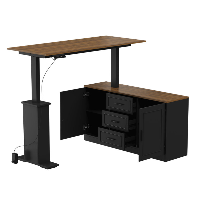 Bureau debout électrique en L à hauteur ajustable avec 3 tiroirs et armoire de rangement