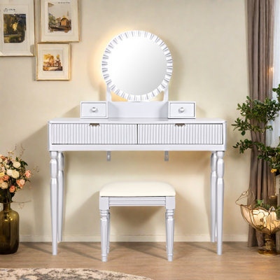 Vanity Desk with Height-Adjustable Round Mirror, 4 Drawers & Stool