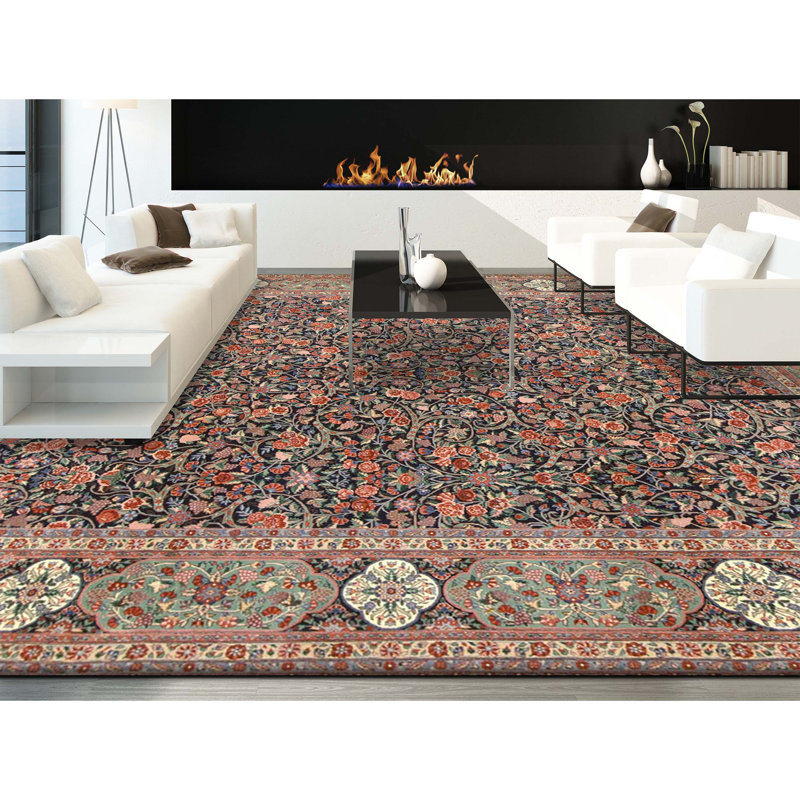Tapis bleu marine et vert clair de haute qualité noué à la main