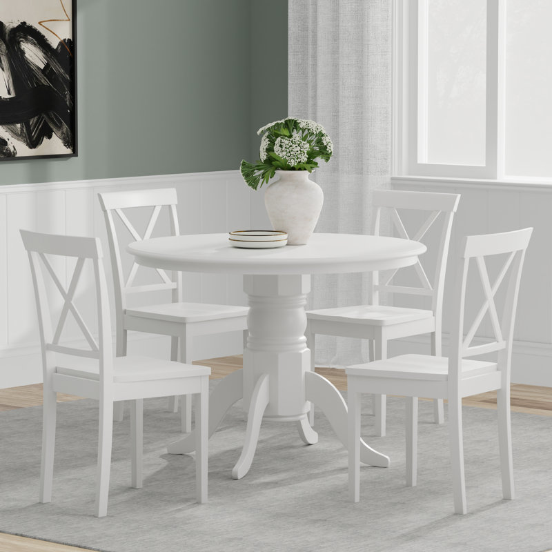 Ensemble de salle à manger en bois d'hévéa massif pour 4 personnes Raylen, Blanc, Ensemble repas 5 pièces, Blanc