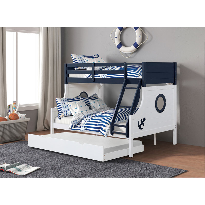 Lit superposé simple au-dessus de double avec lit gigogne Galewa, Bleu / blanc