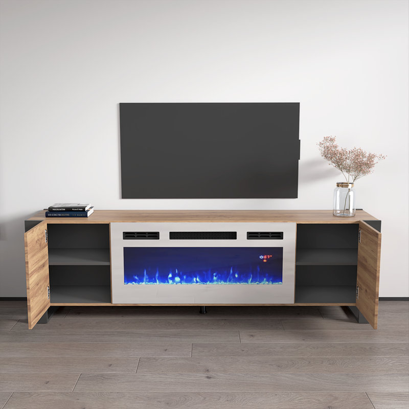 Rickeisha 77.2" Modern TV Stand with Electric Fireplace, High Gloss Finish, Media Storage, Oak/Gray