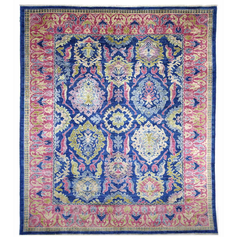 Tapis bleu et rose noué à la main de haute qualité