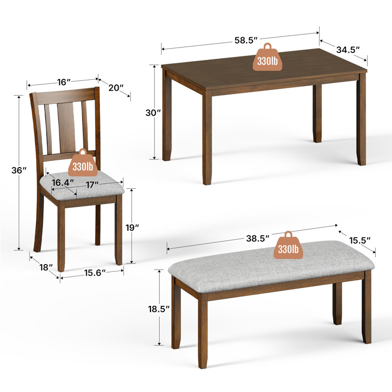Dining Table Set for 6, 6-Piece  Kitchen Table & Chair Set, Includes 1 Table, 4 Upholstered Chairs & 1 Bench, Slatted Backrest