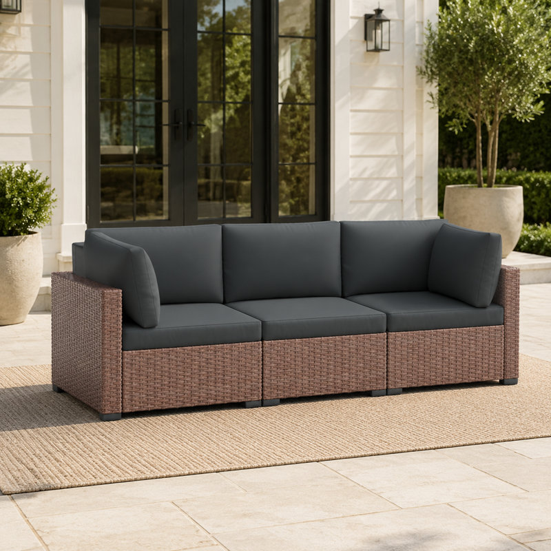  Safa de patio avec coussins Outdloor, Brun / Gris, 3 pièces